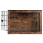 Front view of theShaper premium wooden dog crate with open door, showing spacious interior for OEM manufacturing.