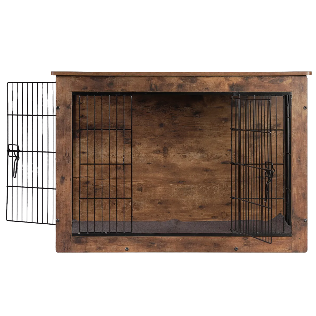 Front view of theShaper premium wooden dog crate with open door, showing spacious interior for OEM manufacturing.