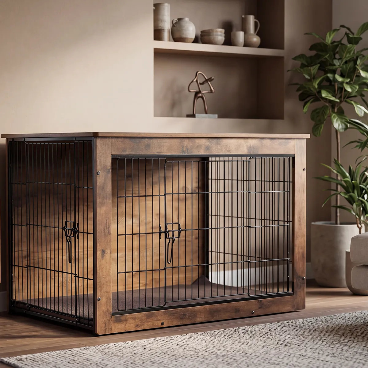 Photorealistic living room 3D rendering featuring theShaper wooden dog crate as an elegant sofa end table.