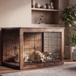 Photorealistic lifestyle rendering of a Labrador resting comfortably inside the closed theShaper wooden dog crate.