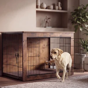 Photorealistic lifestyle rendering of a Labrador resting comfortably inside the closed theShaper wooden dog crate.