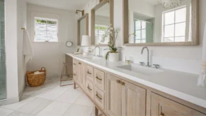 A completed modern wood-grain double bathroom vanity with black metal bases and integrated double sinks