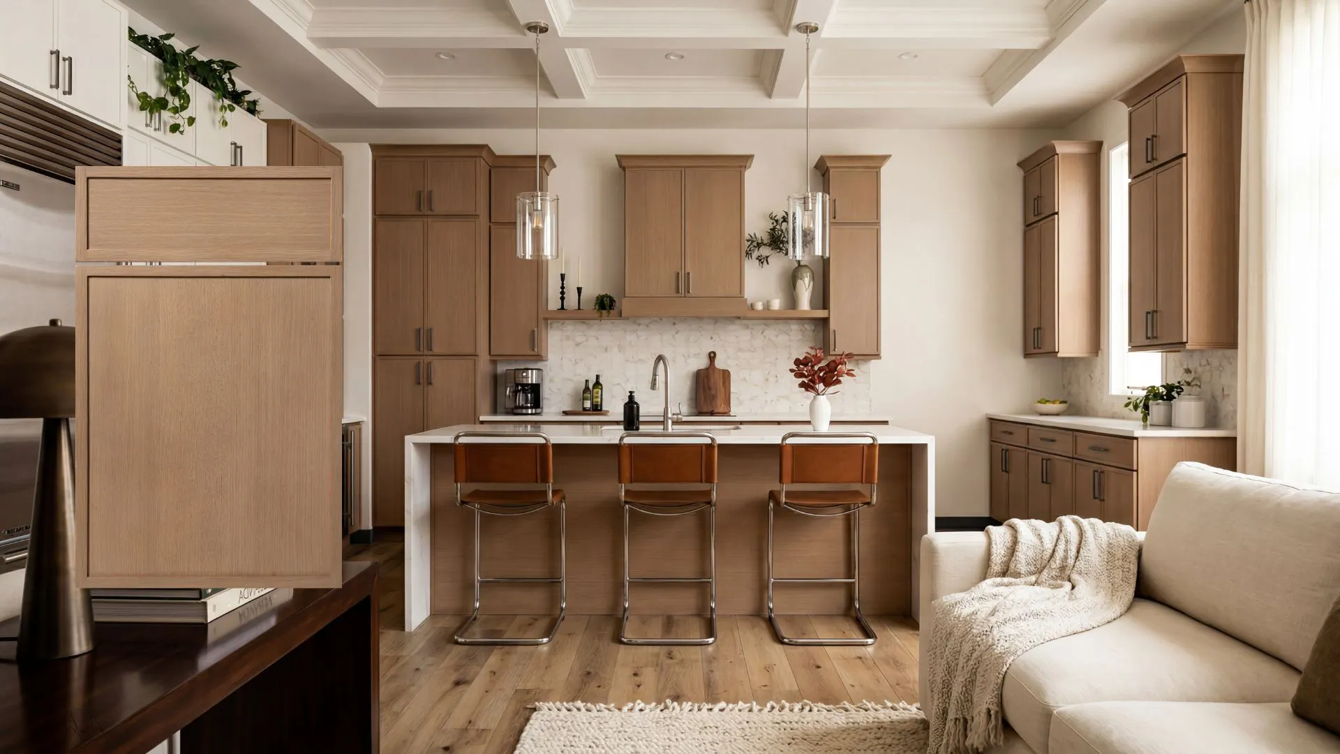 Modern kitchen rendering featuring light oak Slim Shaker cabinet doors. These doors show the distinct, linear, vertical grain of Rift Cut White Oak Veneer, highlighted by natural sunlight.