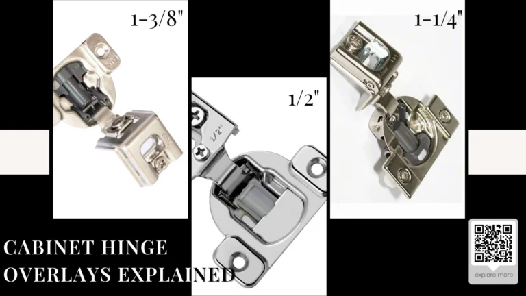 Technical comparison of 1/2 inch, 1-3/8 inch, and 1-1/4 inch cabinet overlay hinges and functional hardware.