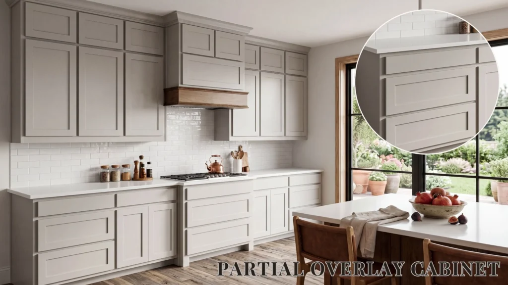 Practical partial overlay kitchen cabinetry framework showcasing exposed stiles and hardware cost optimization.