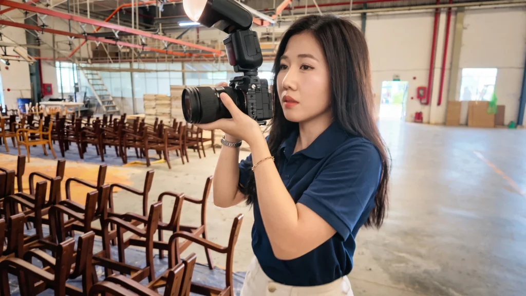 Fiona Dao, Furniture Product Manager at theShaper, inspecting solid wood furniture lines at Thong A Furniture facility.
