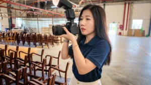 Fiona Dao, Furniture Product Manager at theShaper, inspecting solid wood furniture lines at Thong A Furniture facility.