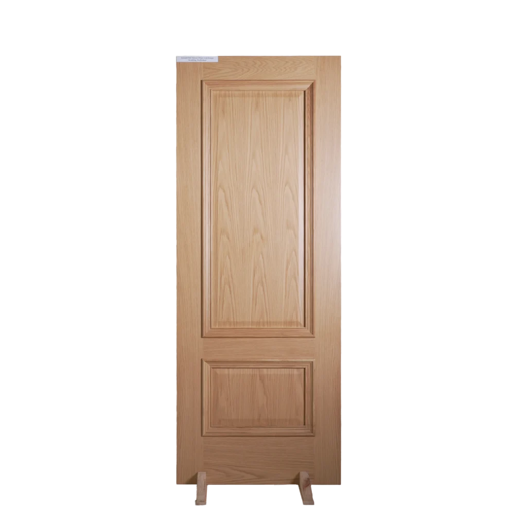 Front view of a traditional 5-piece Double Raised Panel White Oak wooden door displaying the stiles, rails, and double-tiered center panel.