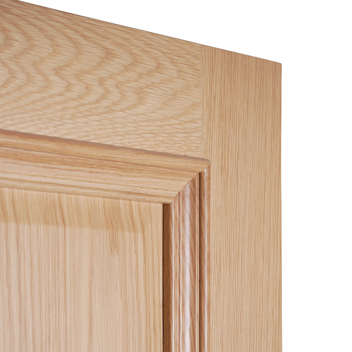 Close-up profile detail of the 5-piece Double Raised Panel White Oak door illustrating the cope-and-stick joinery and compound molding profile.