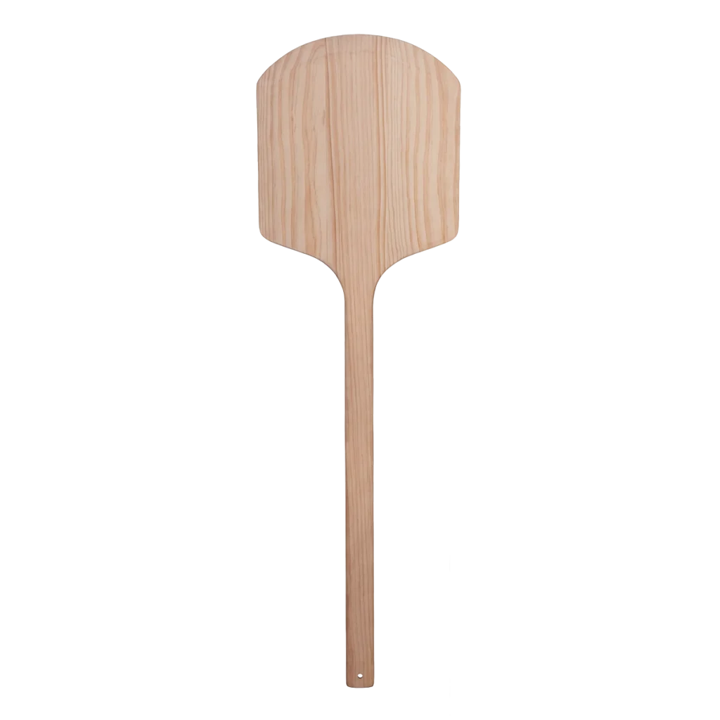 A commercial-grade 42-inch extra-long handle wooden pizza peel by The Shaper, featuring a 12-inch narrow blade for deep wood-fired ovens.