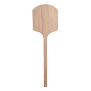 A commercial-grade 42-inch extra-long handle wooden pizza peel by The Shaper, featuring a 12-inch narrow blade for deep wood-fired ovens.