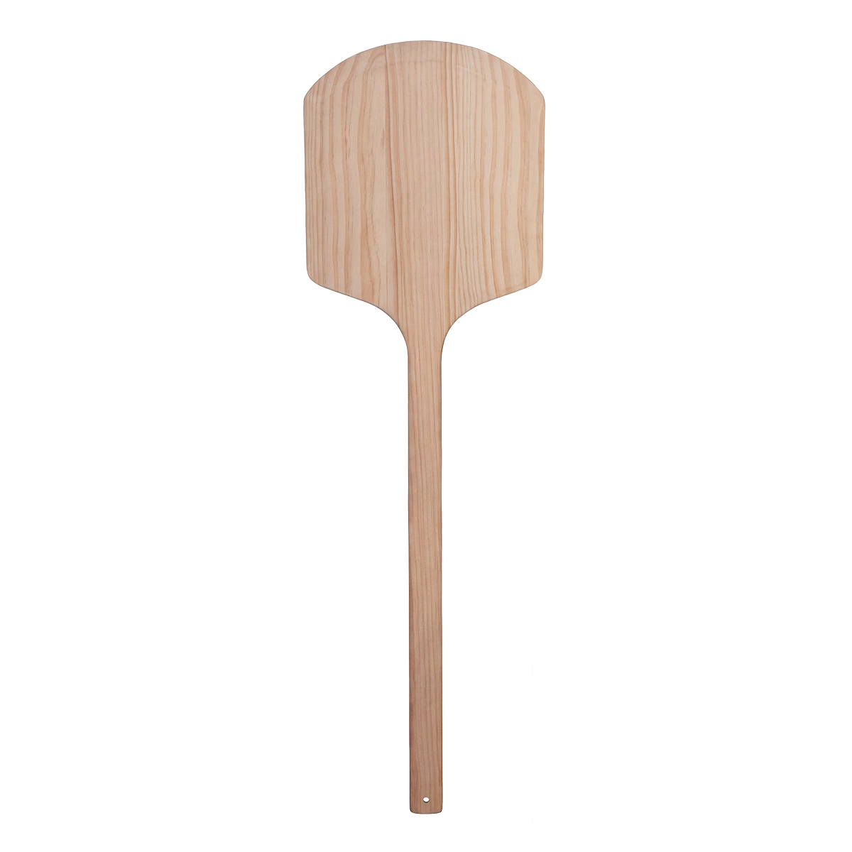 A commercial-grade 42-inch extra-long handle wooden pizza peel by The Shaper, featuring a 12-inch narrow blade for deep wood-fired ovens.