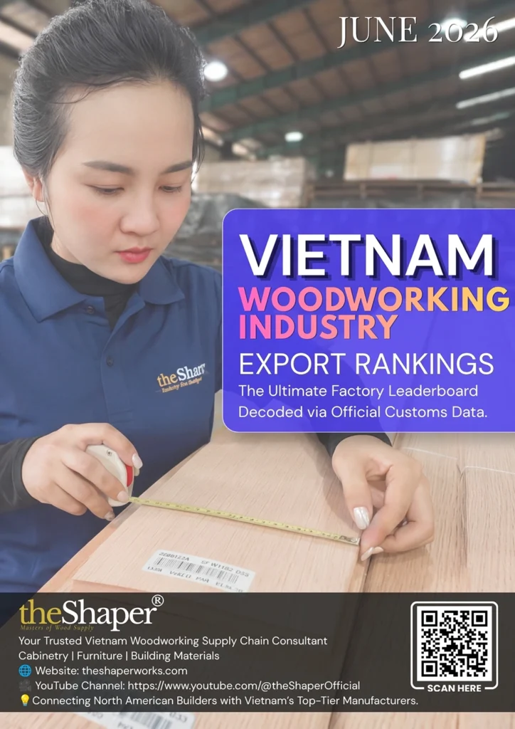 Cover graphic for theShaper’s June 2026 Vietnam woodworking customs export data report, showing an overview of factory operational status, supply-demand dynamics, and U.S. tariff benchmarks.