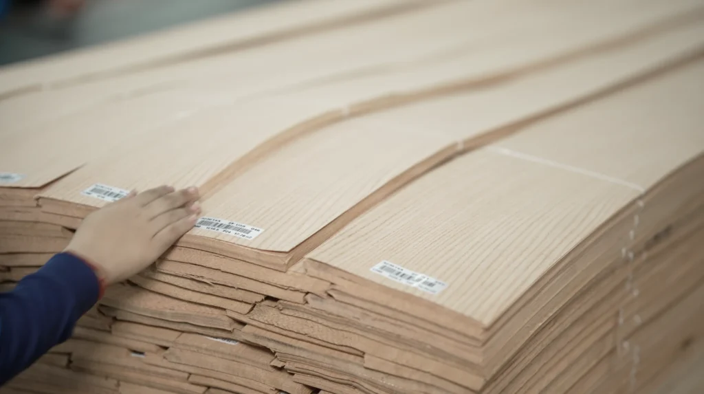 Quality control team sorting and grading AAA premium grade white oak veneer sheets