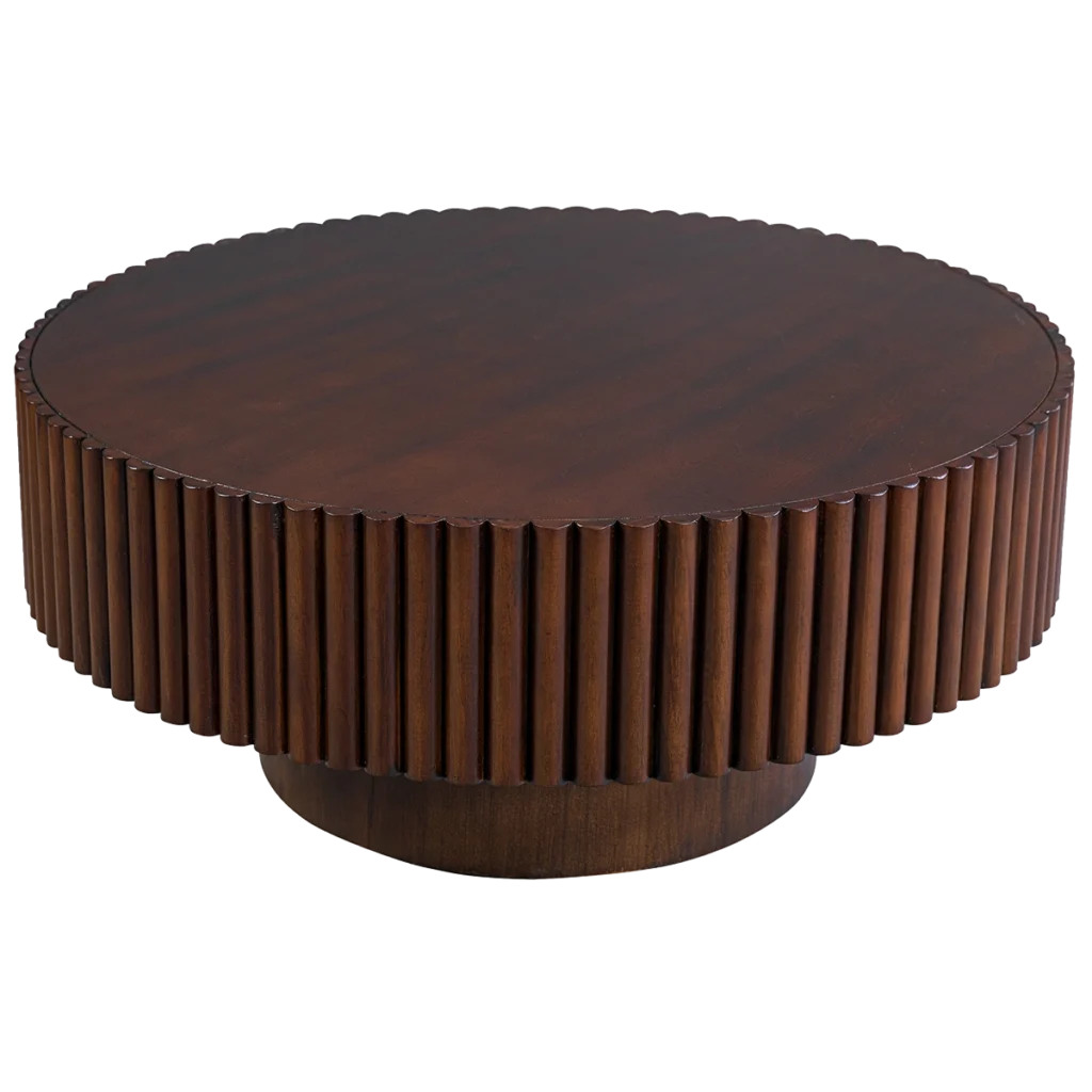 Front high-angle shot of the Augusta fluted round coffee table in a rich Dark Mocha NC finish.