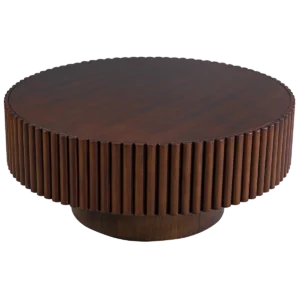 Front high-angle shot of the Augusta fluted round coffee table in a rich Dark Mocha NC finish.