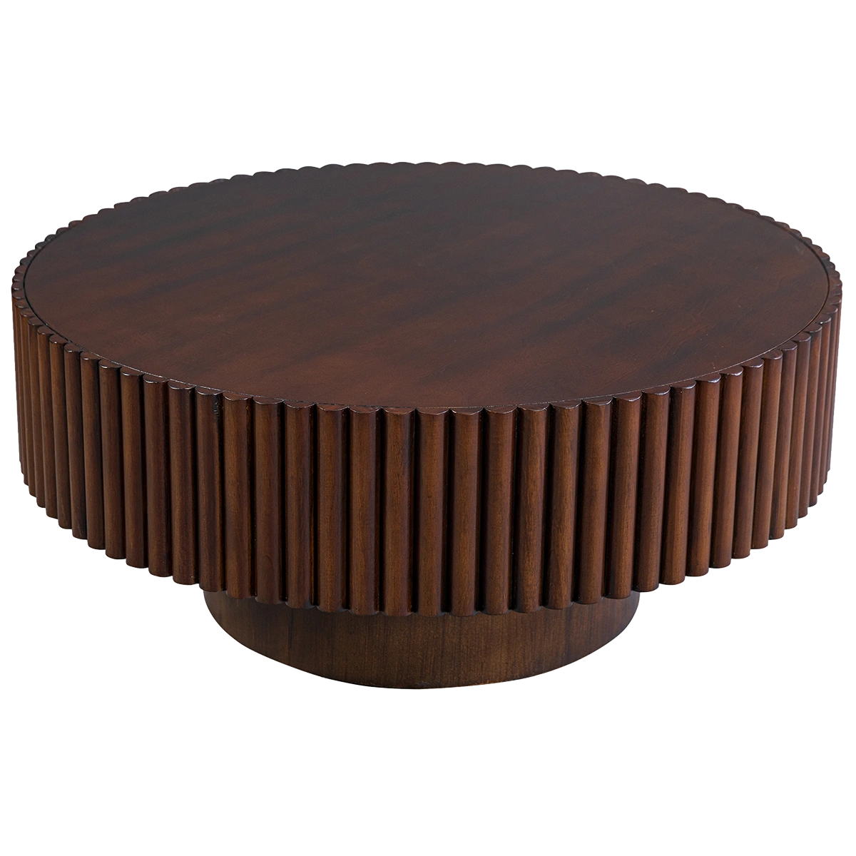 Front high-angle shot of the Augusta fluted round coffee table in a rich Dark Mocha NC finish.