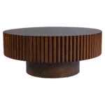 Detailed macro shot of the vertical fluted panels and recessed plinth base on the Dark Mocha coffee table.