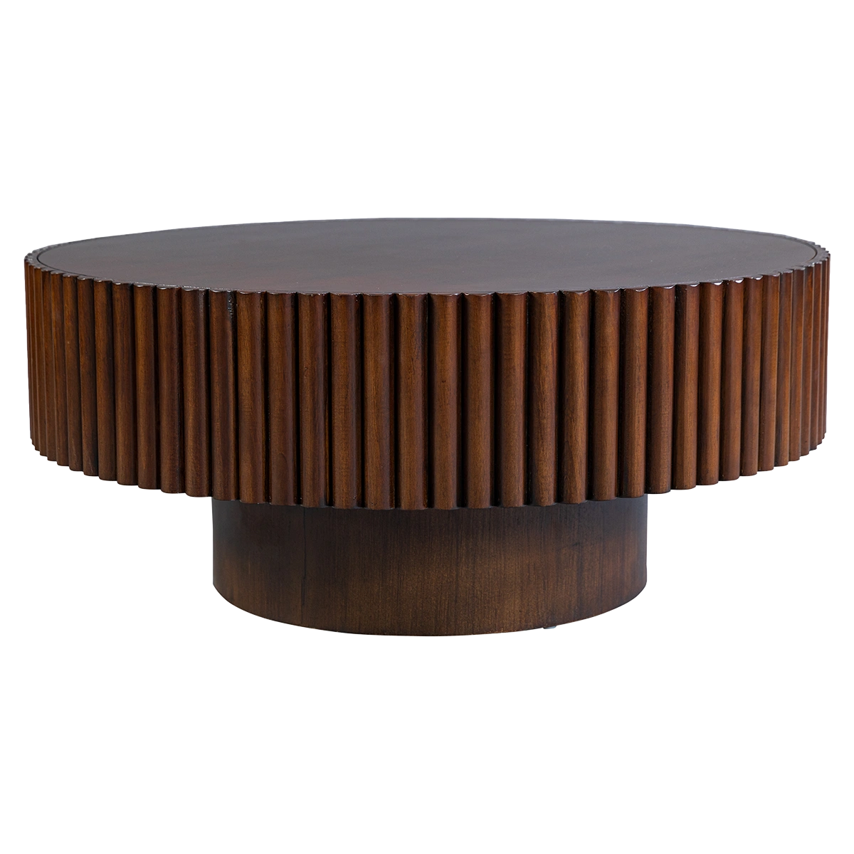 Detailed macro shot of the vertical fluted panels and recessed plinth base on the Dark Mocha coffee table.