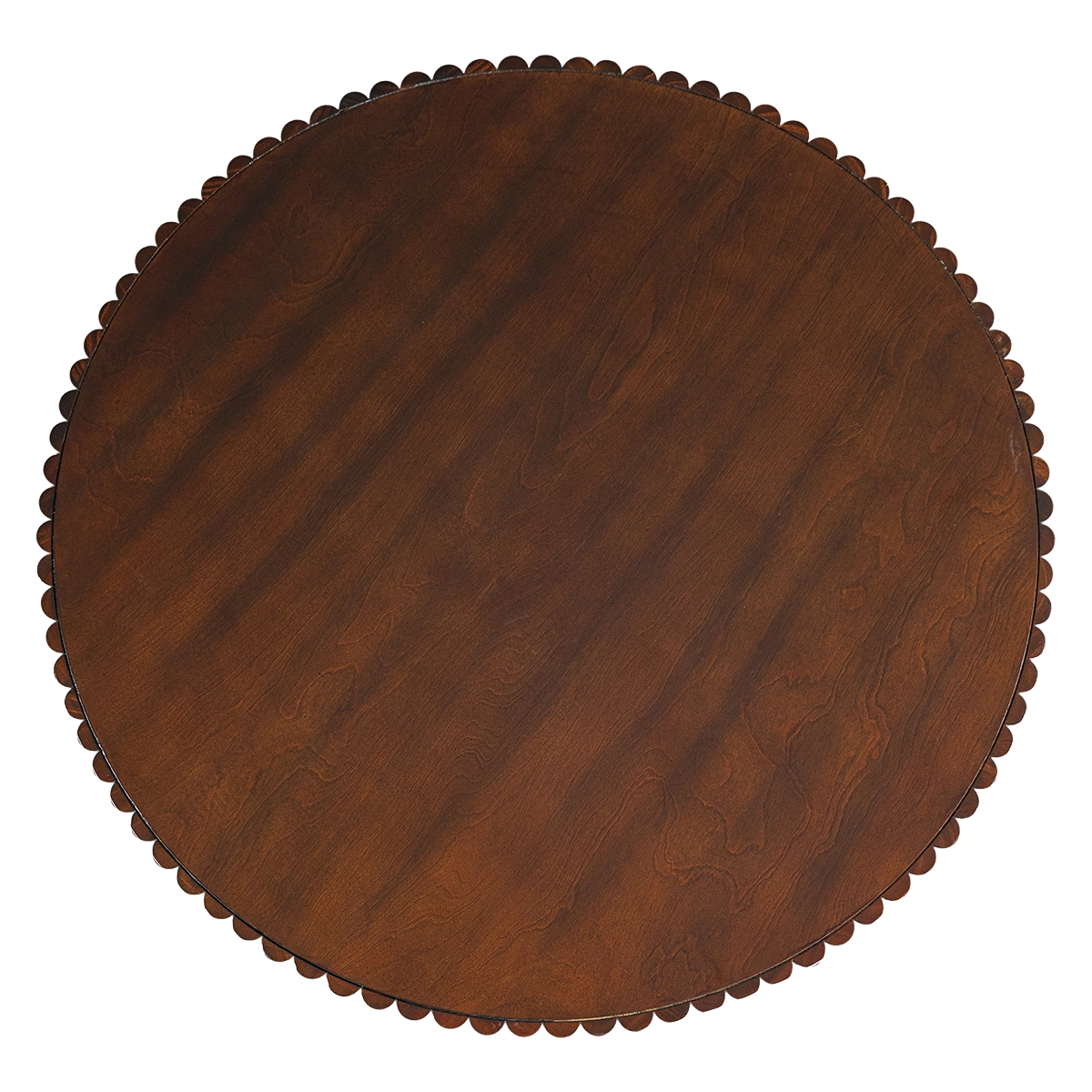 Close-up shot of the round wooden coffee table surface highlighting the deep Dark Mocha ribbon grain.