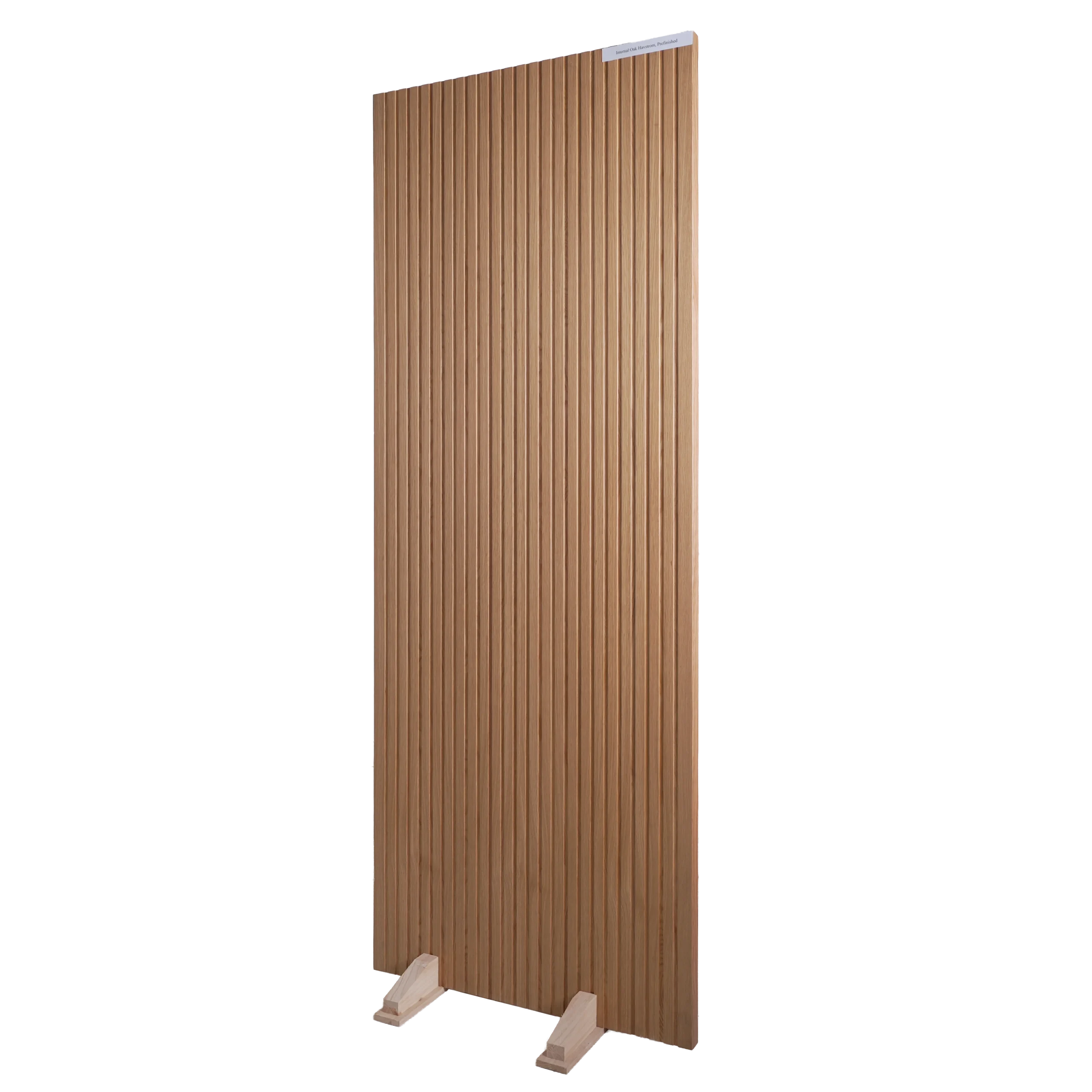 Side view of a Minimalist Ribbed White Oak slab interior door featuring precision-routed vertical grooves and a clean, straight-grain rift-sawn pattern.