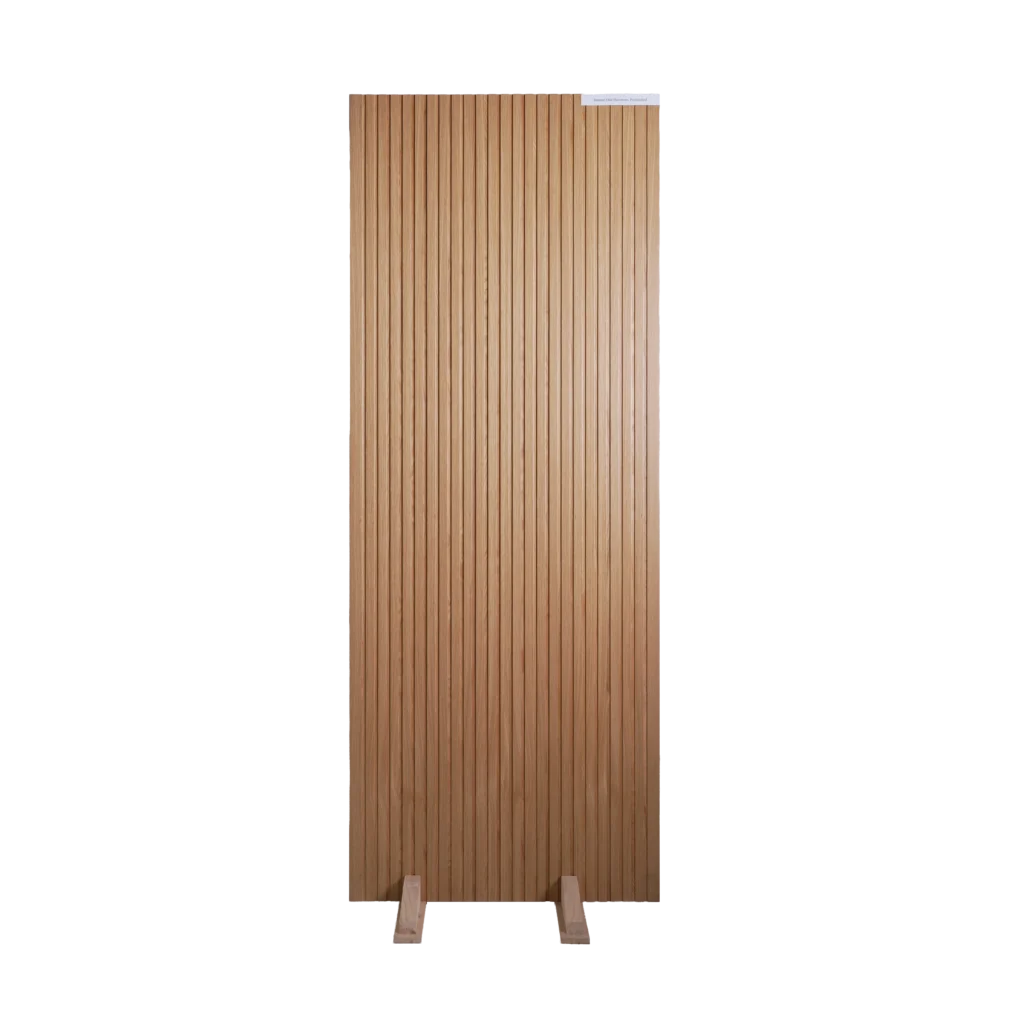 Front view of a Minimalist Ribbed White Oak slab interior door featuring precision-routed vertical grooves and a clean, straight-grain rift-sawn pattern.