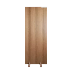 Front view of a Minimalist Ribbed White Oak slab interior door featuring precision-routed vertical grooves and a clean, straight-grain rift-sawn pattern.