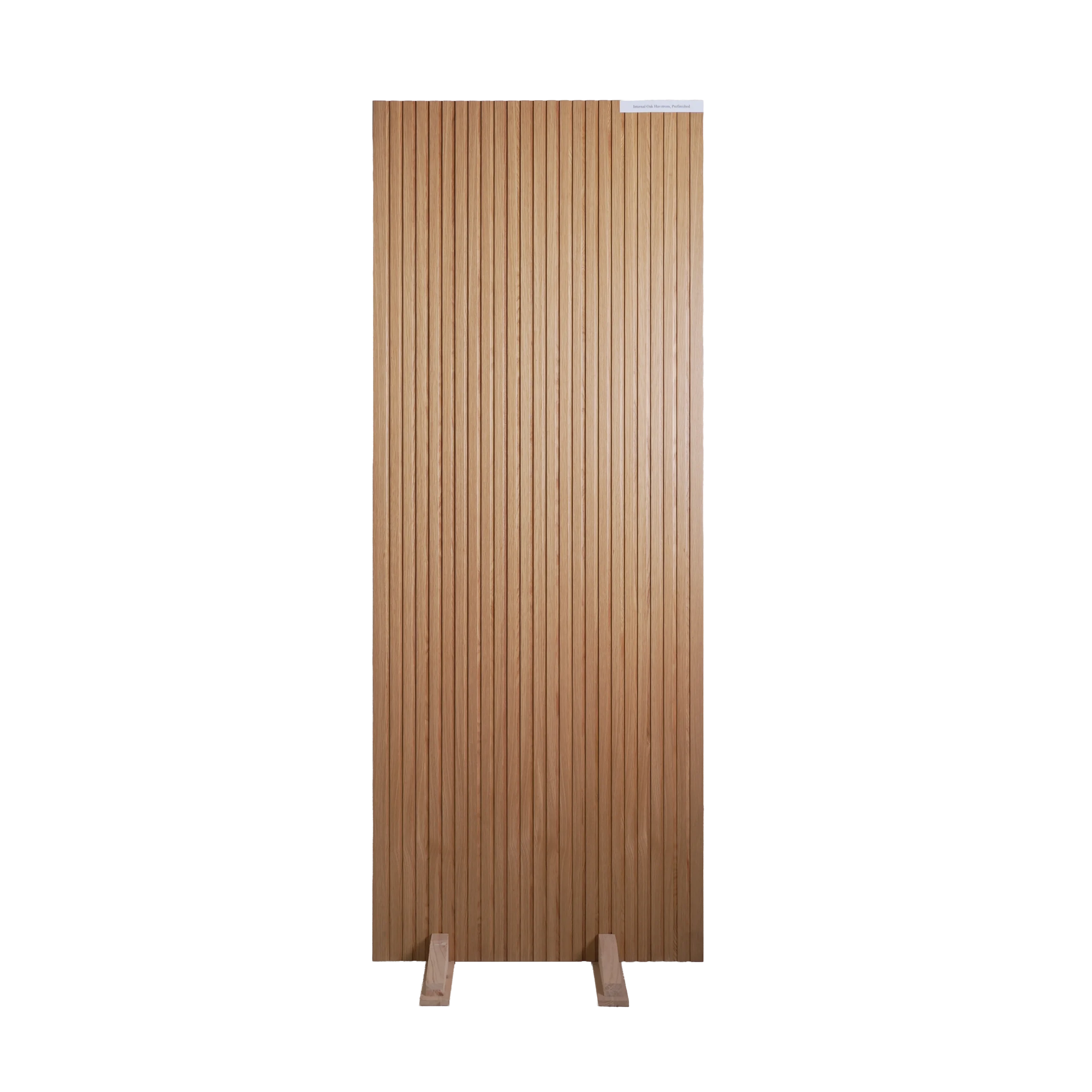 Front view of a Minimalist Ribbed White Oak slab interior door featuring precision-routed vertical grooves and a clean, straight-grain rift-sawn pattern.