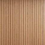 Detail of a Minimalist Ribbed White Oak slab interior door featuring precision-routed vertical grooves and a clean, straight-grain rift-sawn pattern.