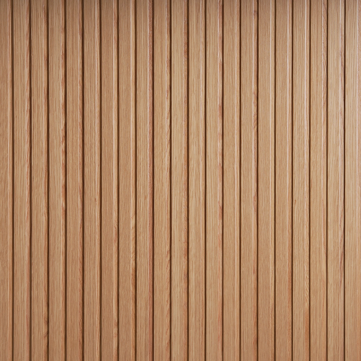 Detail of a Minimalist Ribbed White Oak slab interior door featuring precision-routed vertical grooves and a clean, straight-grain rift-sawn pattern.