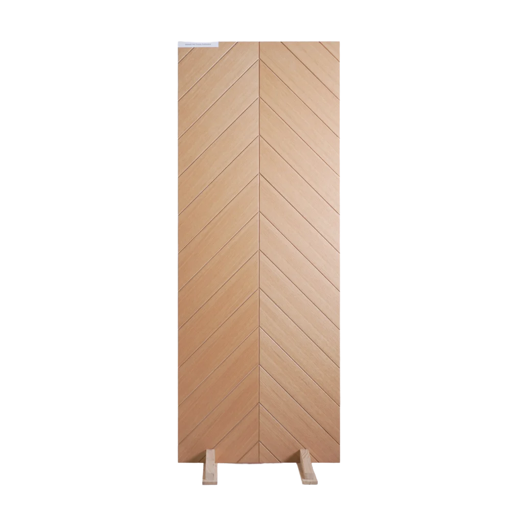 Front view of a Chevron Matched White Oak wooden cabinet door showing the precise V-shaped bookmatching of natural white oak veneers.