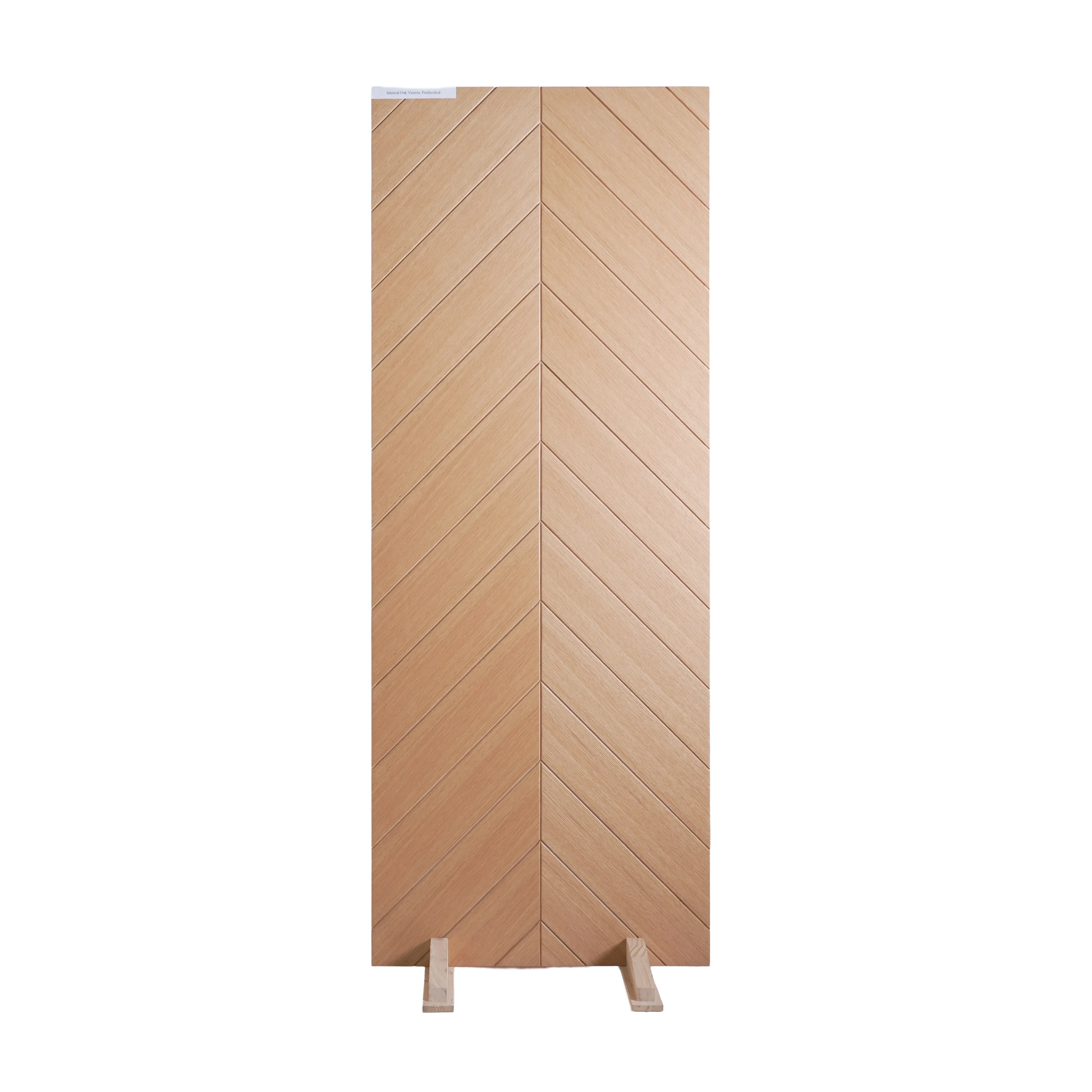 Front view of a Chevron Matched White Oak wooden cabinet door showing the precise V-shaped bookmatching of natural white oak veneers.