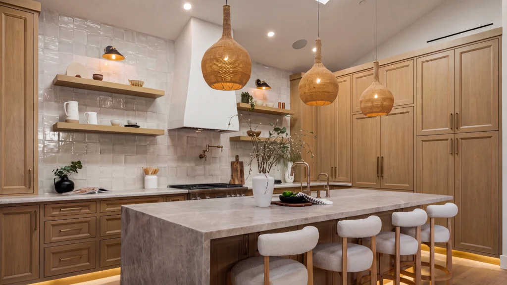 3D rendering of a modern kitchen featuring Honey Wheat inset cabinets