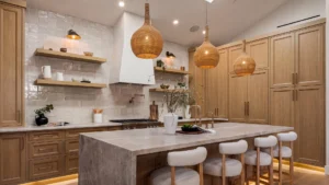 3D rendering of a modern kitchen featuring Honey Wheat inset cabinets