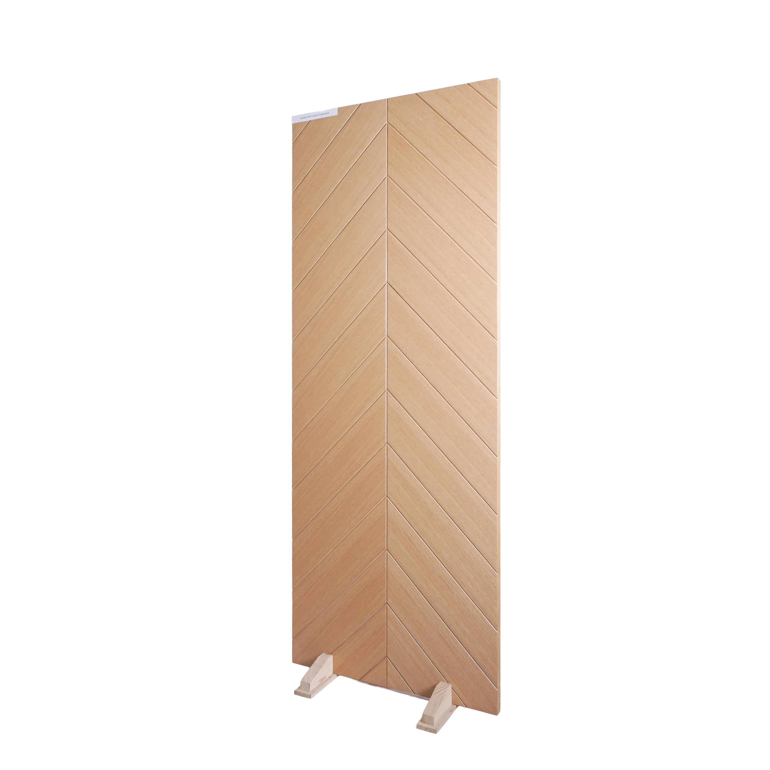 A 30-degree side angle view of the Chevron Matched White Oak wooden door displaying the natural wood grain texture and grain movement.