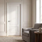 A square shot of a classic white interior composite wood door with a raised panel design.