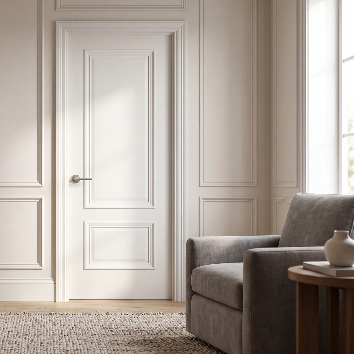A square shot of a classic white interior composite wood door with a raised panel design.