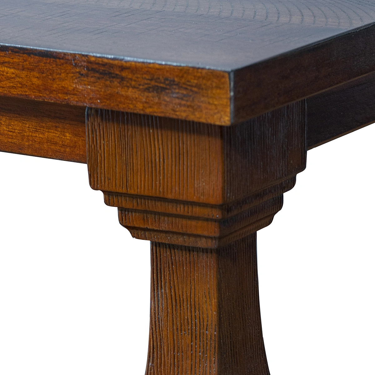 Close-up of the pine coffee table apron and undermount structure, showcasing heavy wire-brushed texture and hand-applied glaze for the PTH series.