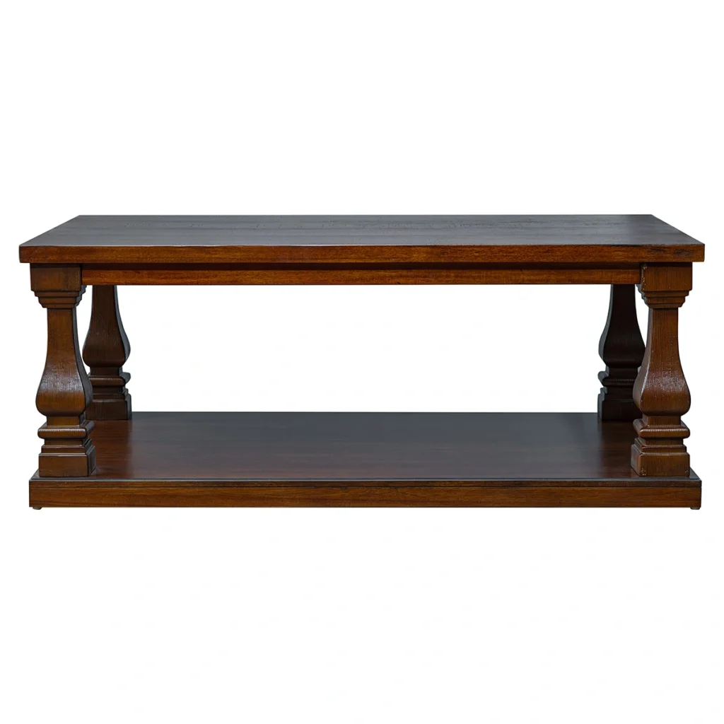 Front view of a premium rustic pine coffee table finished in NC Light Mocha by PTH, showcasing elegant architectural lines and white-label contract furniture craftsmanship.