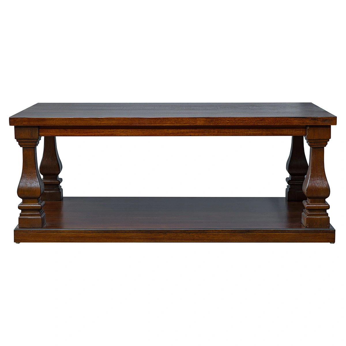 Front view of a premium rustic pine coffee table finished in NC Light Mocha by PTH, showcasing elegant architectural lines and white-label contract furniture craftsmanship.