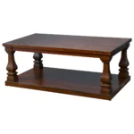 Side profile of the contract-grade pine coffee table, demonstrating structural stability, joint precision, and warm light mocha coating depth under production code PTH.