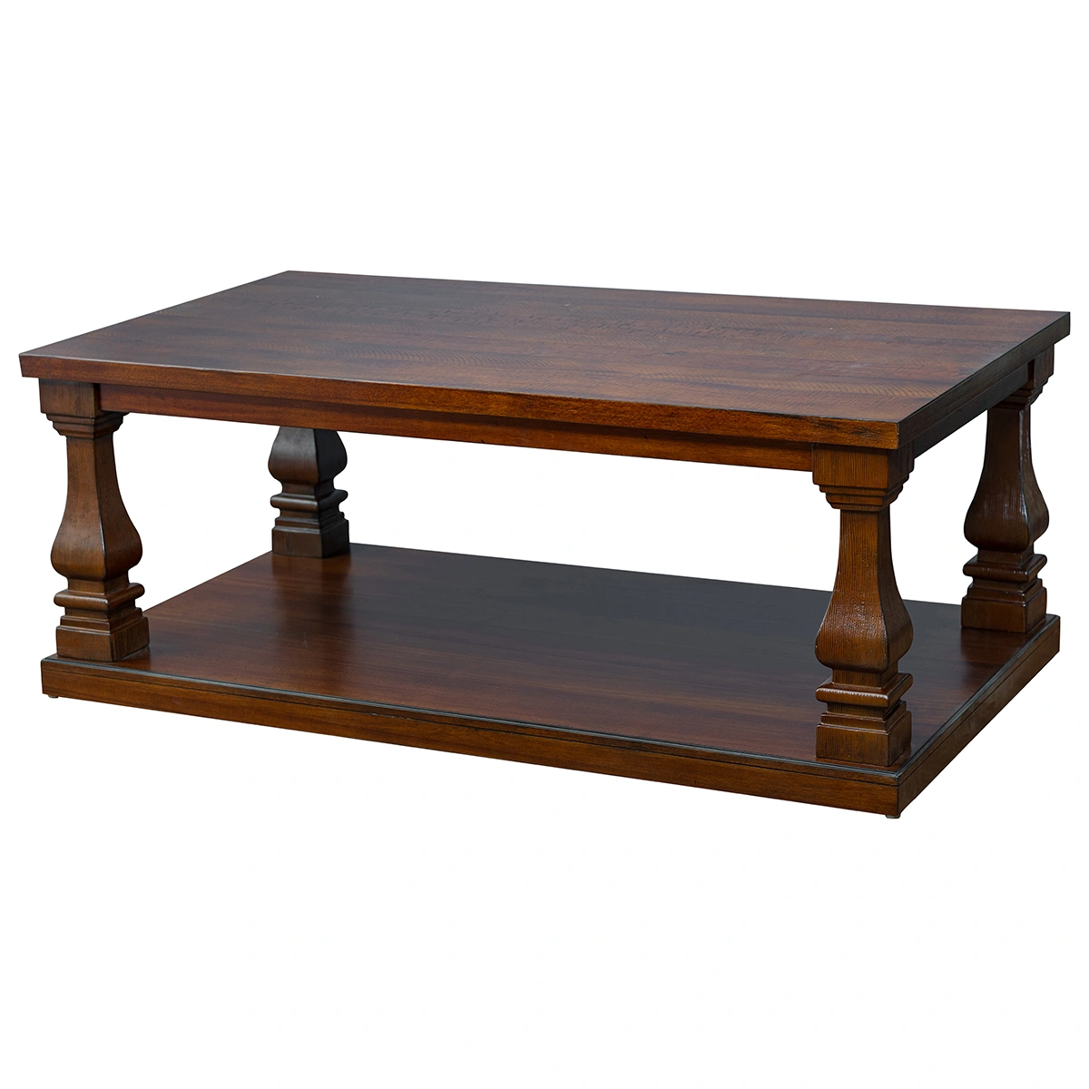 Side profile of the contract-grade pine coffee table, demonstrating structural stability, joint precision, and warm light mocha coating depth under production code PTH.