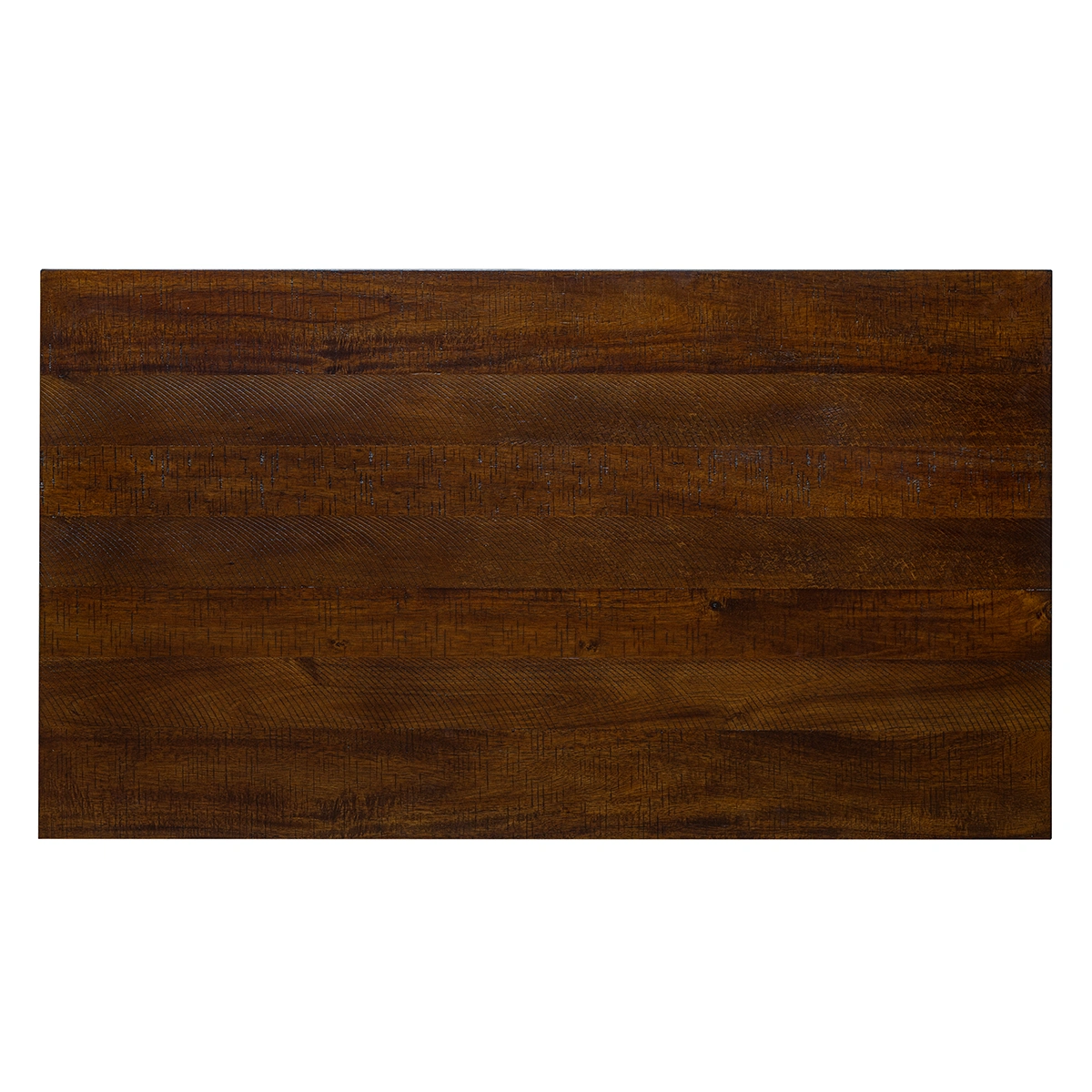 Top surface close-up of the rustic pine coffee table, highlighting the heavy-brushed wood grain and glaze enhanced by premium NC Light Mocha finish from Vietnam factory batch PTH.