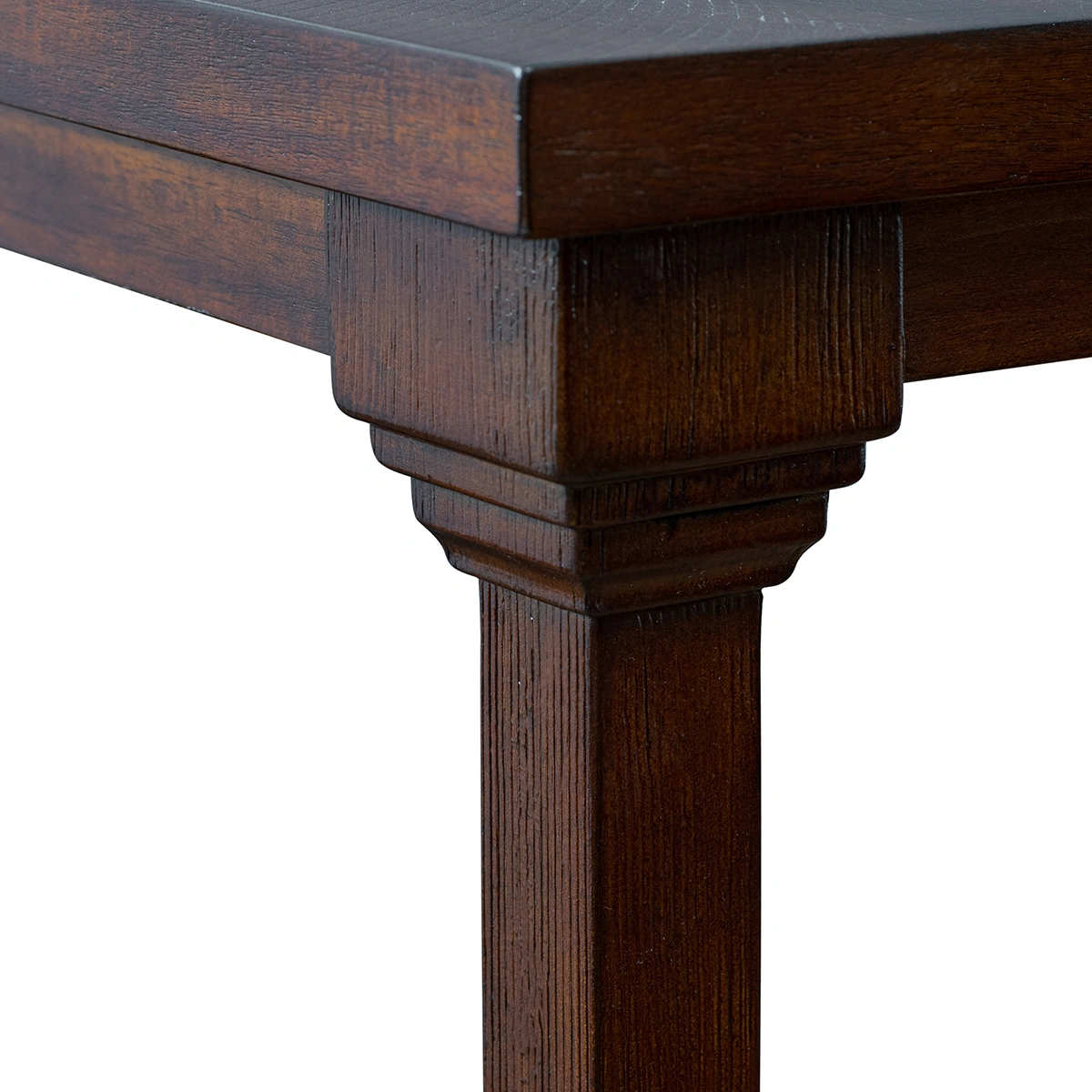 Close-up of the console table apron and undermount structure, showcasing high-capacity OEM joinery details and immaculate lacquer coverage under the PTH series.