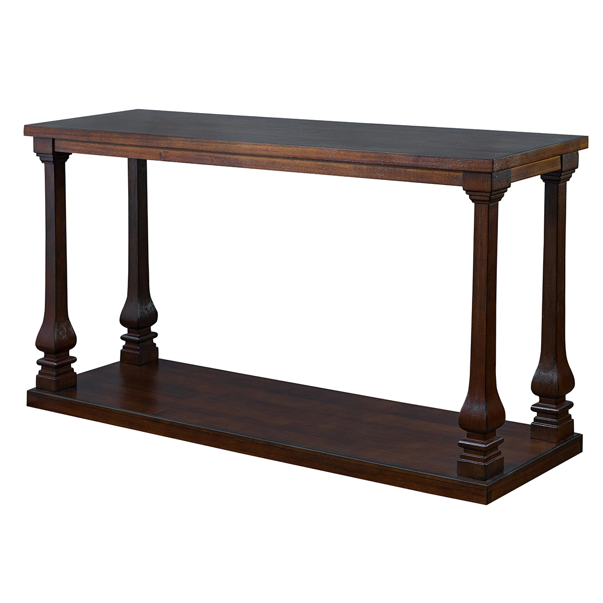 Side profile of the contract-grade console table, demonstrating structural stability, joint precision, and warm light mocha coating depth under production code PTH.