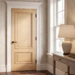 A realistic 3D interior rendering of a white oak wooden door with a double raised panel design.
