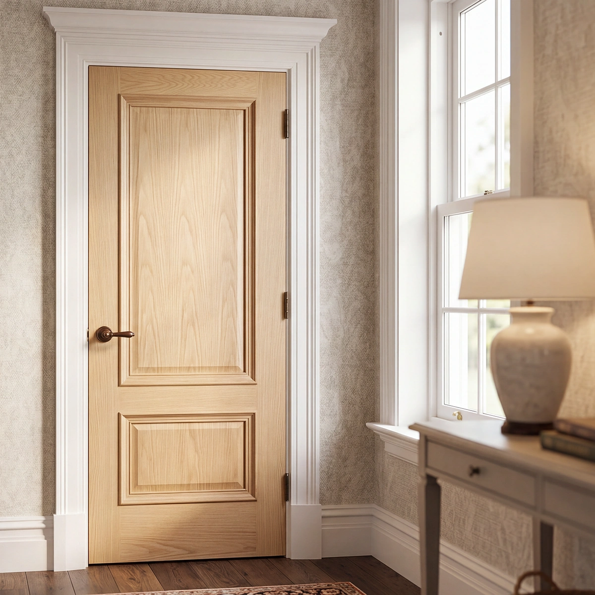 A realistic 3D interior rendering of a white oak wooden door with a double raised panel design.