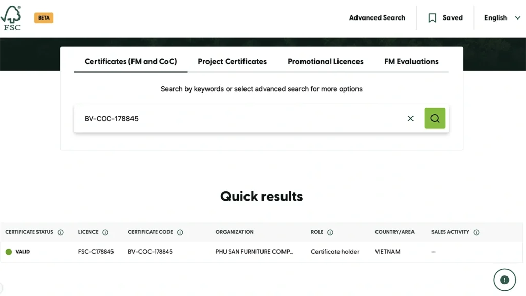 Screenshot of the official FSC public certificate search portal at search.fsc.org for verifying certificate validity.