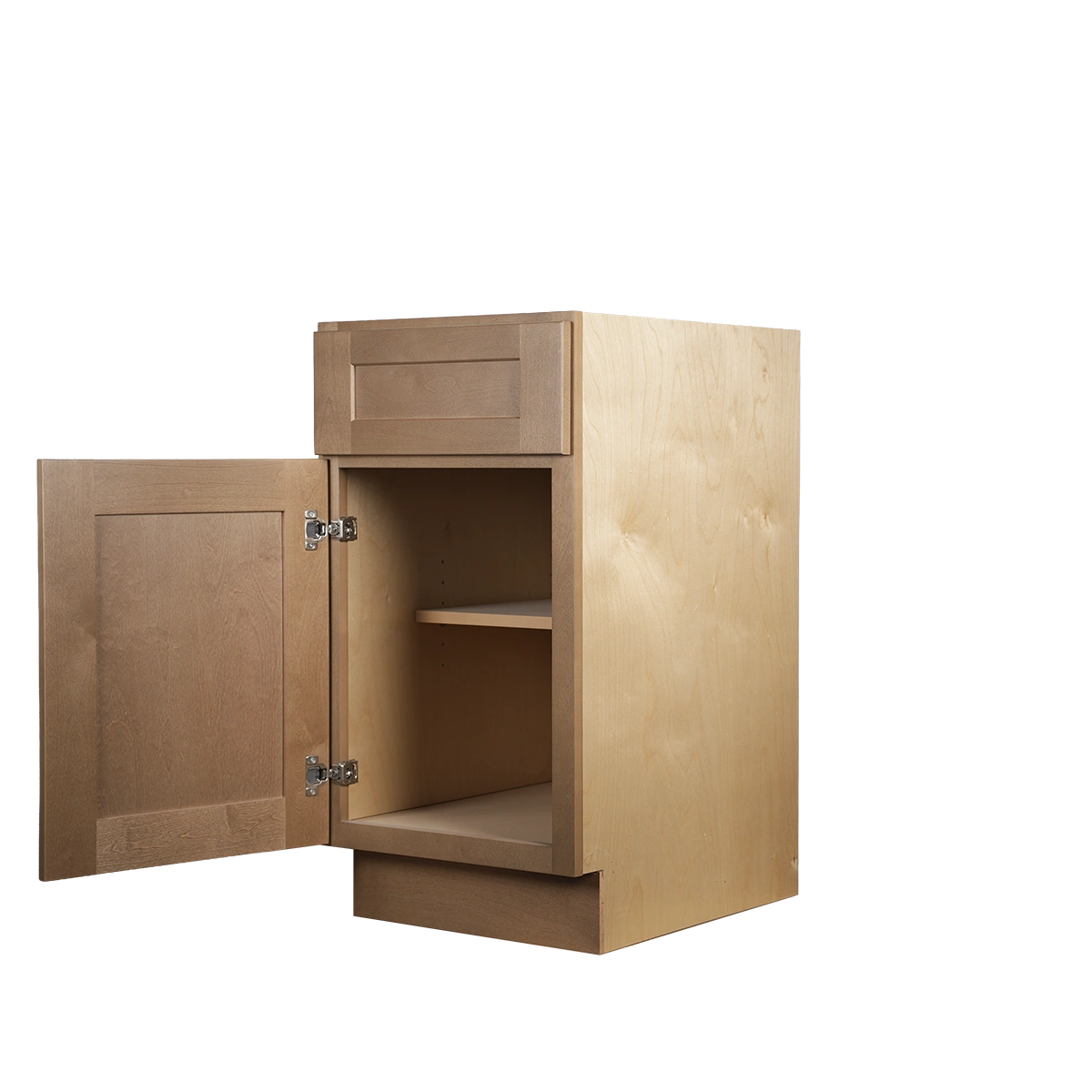 Honey Wheat Shaker kitchen cabinet B18 with open door showing interior by theshaper