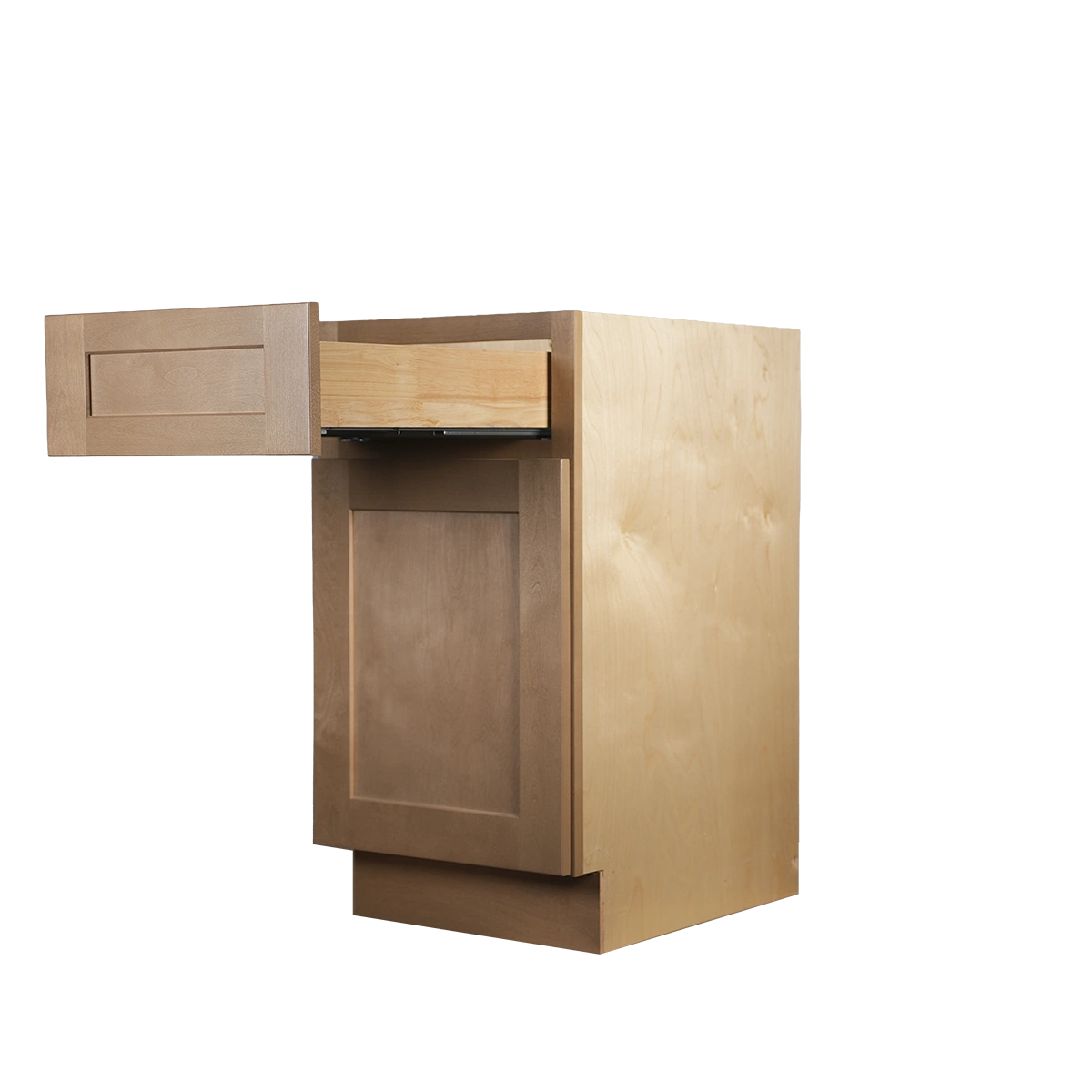 Honey Wheat Shaker kitchen cabinet B18 with open drawer showcasing glide system by theshaper